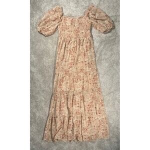 Audrey Parks Francescas Tan Floral Smocked Puff Sleeve Maxi Dress Medium